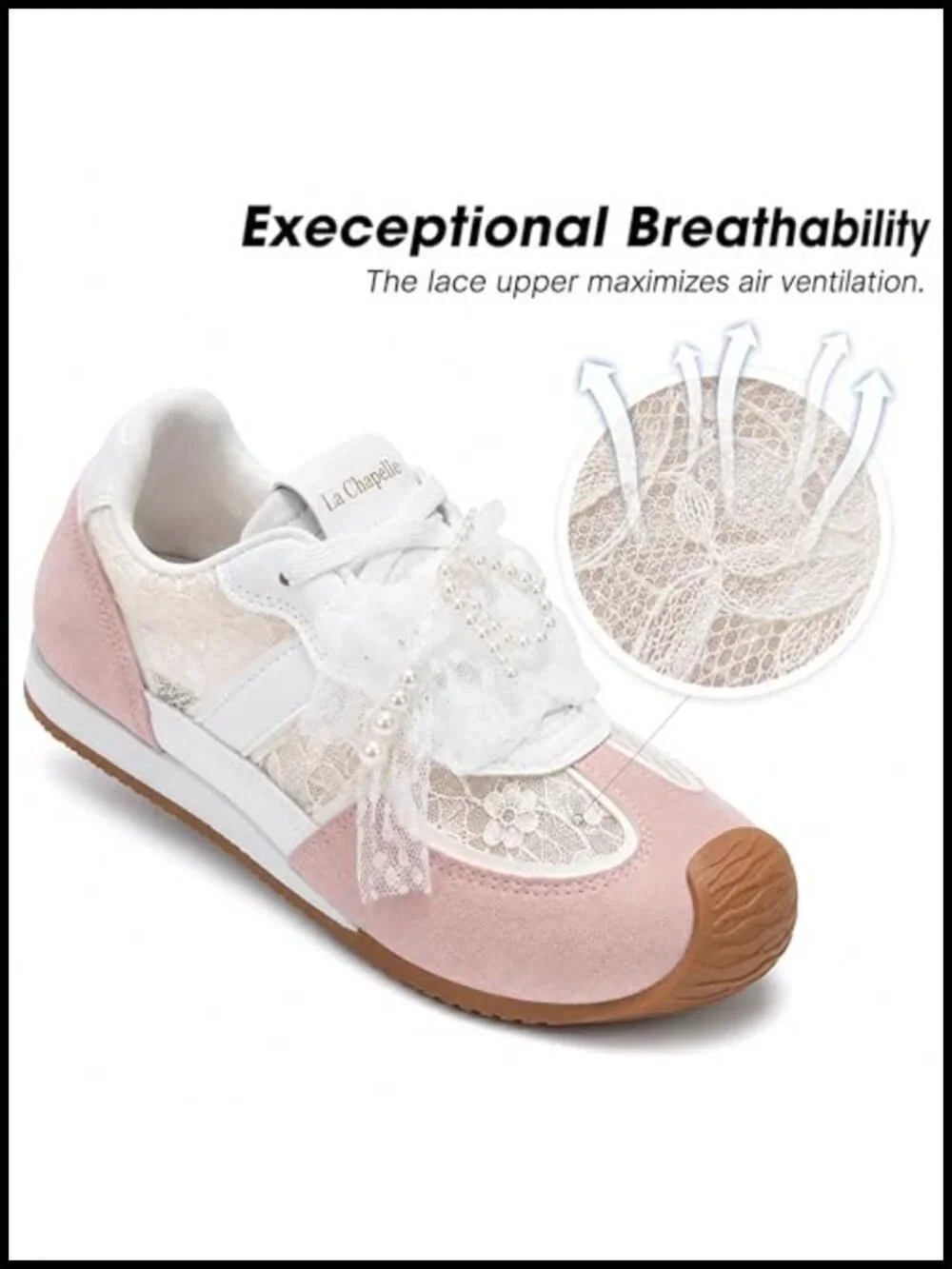 Lace Sneakers with Pearl Bow Detachable Non Slip Memory Foam Casual